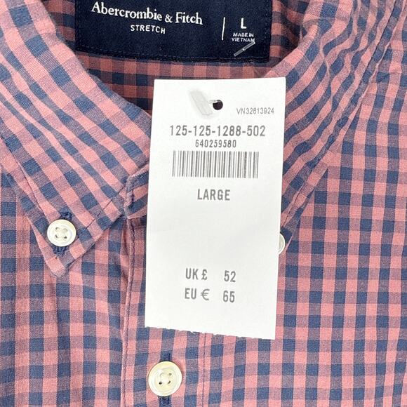 NEW NWT Abercrombie & Fitch Stretch Gingham Pink Blue Button Down Shirt Large - Picture 4 of 9
